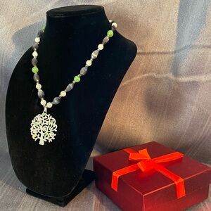 Elegant Silver and Green Tree Pendant Necklace